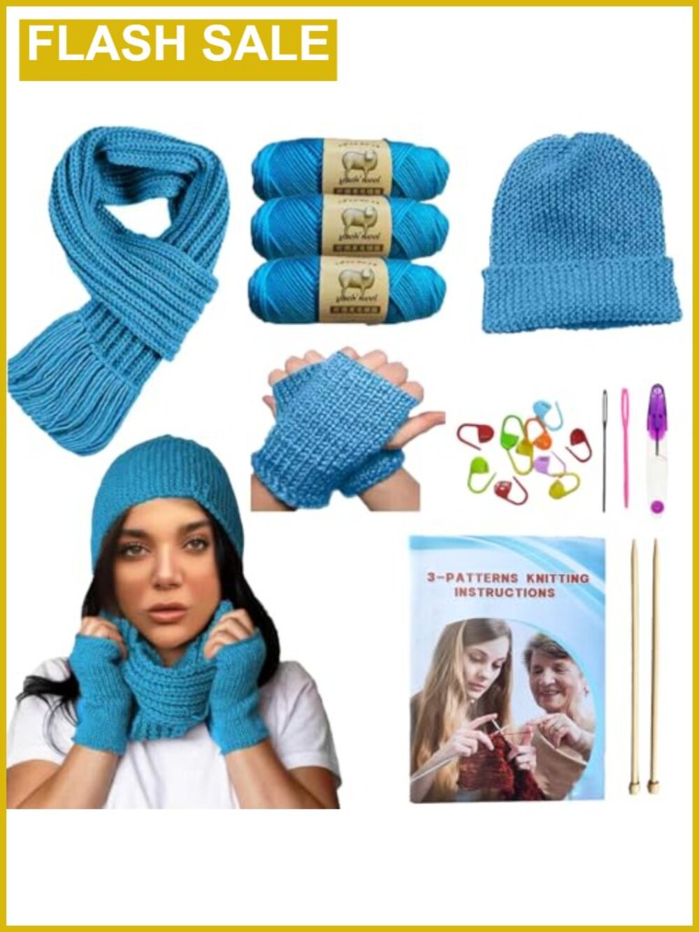 Knitting Kit for Beginners Adults Wool Yarn Bamboo Needles Hat Scarf Glove Set